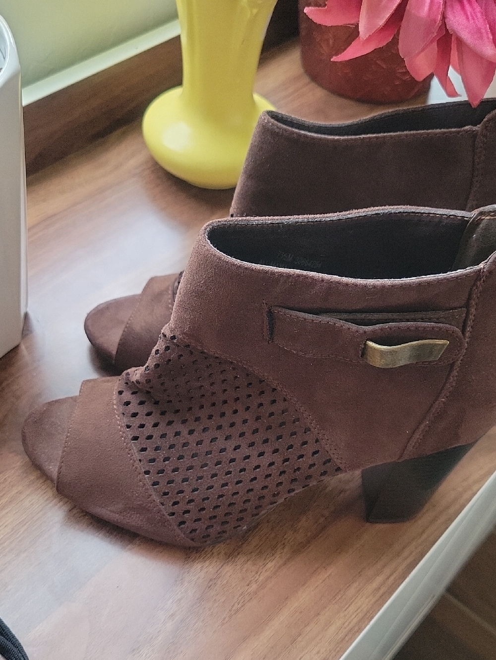 Cato Open Toe Brown Zipper Back Mesh Top Suede Look Ankle boots With Heel 7.5 - Picture 8 of 12